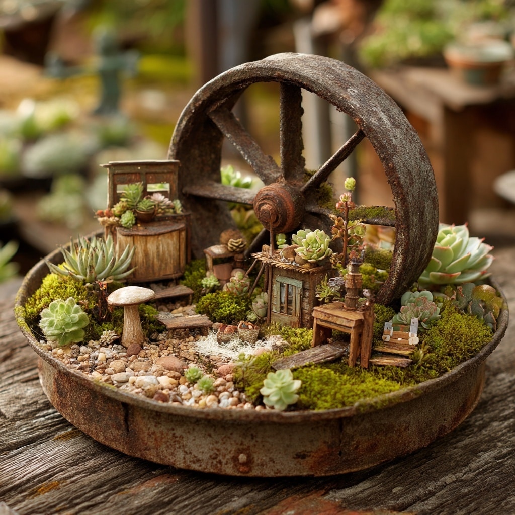 Rustic Wheel Fairy Garden
