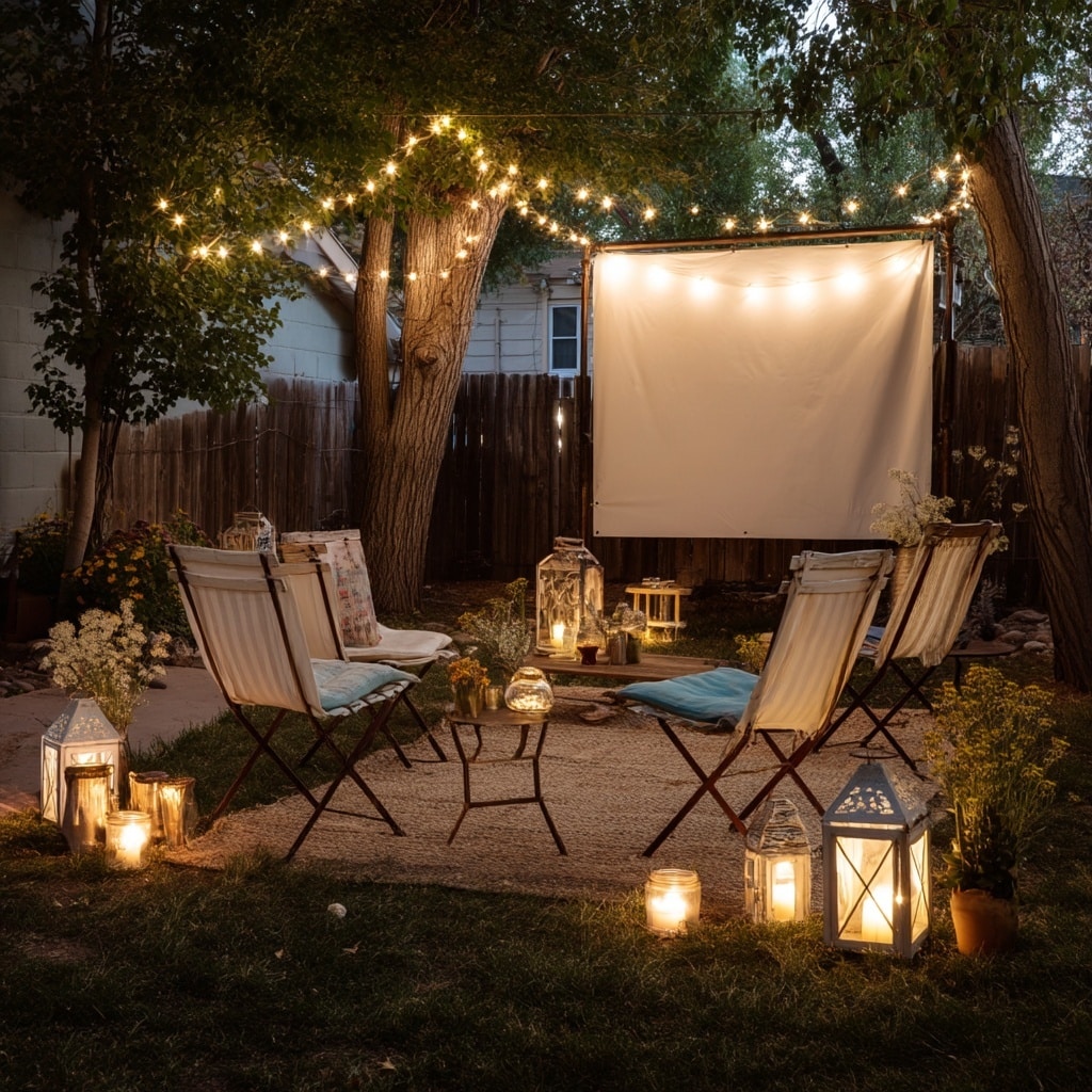 Outdoor Movie Screen with Mismatched Vintage Chairs and Lanterns