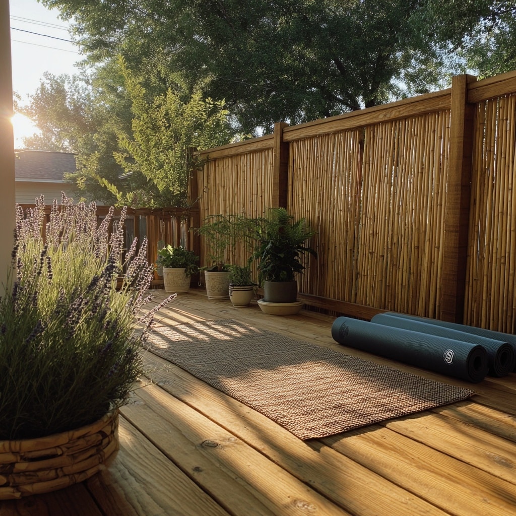 Backyard Yoga Deck with Bamboo Fence and Potted Lavender