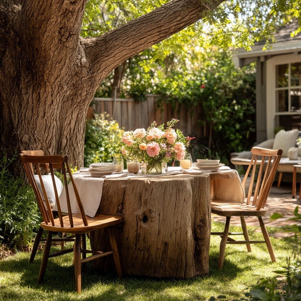 ree Stump Tabletop with Mismatched Chairs