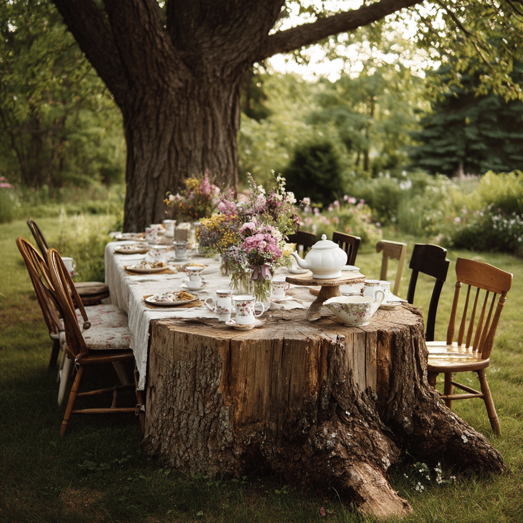 Tree Stump Tabletop with Mismatched Chairs
