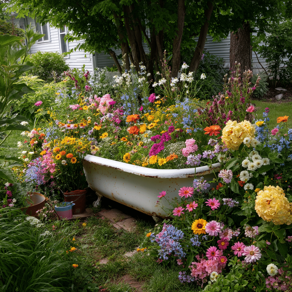 Upcycled Bathtub Flower Garden