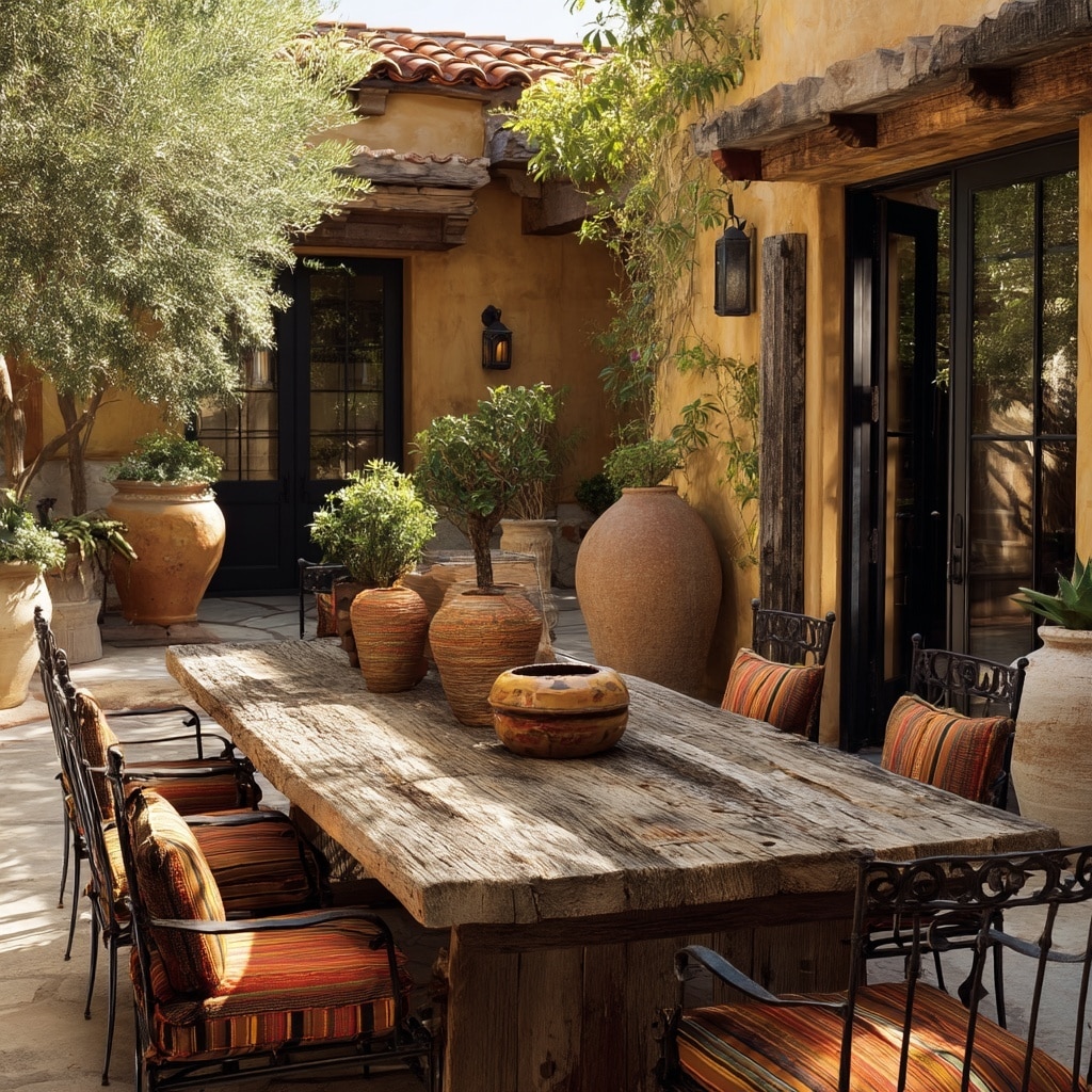 Mexican Patio Ideas for a Warm & Vibrant Outdoor Space 3 Incorporate Rustic Wood and Wrought Iron Furniture