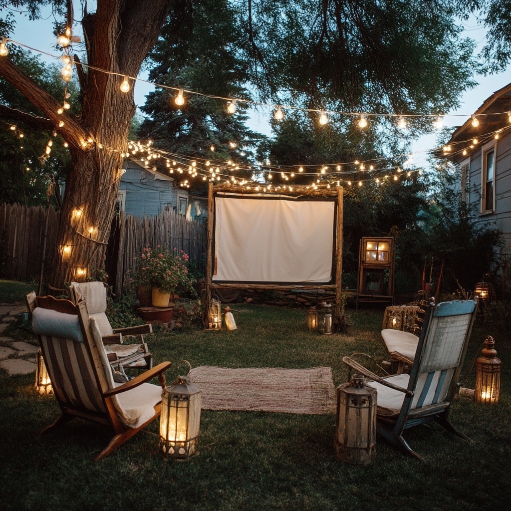 Outdoor Movie Screen Setup with Mismatched Vintage Chairs and Lanterns