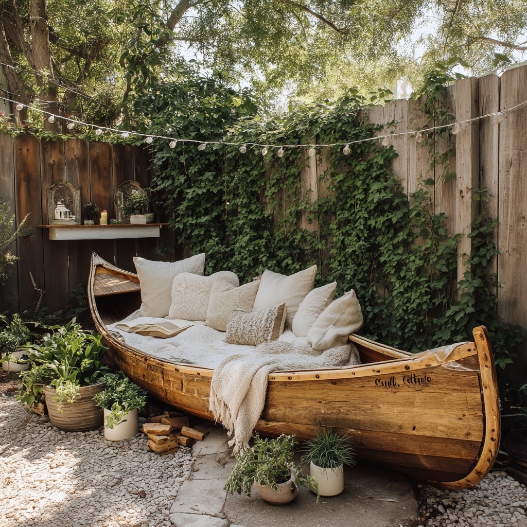Reading Nook Inside a Repurposed Canoe