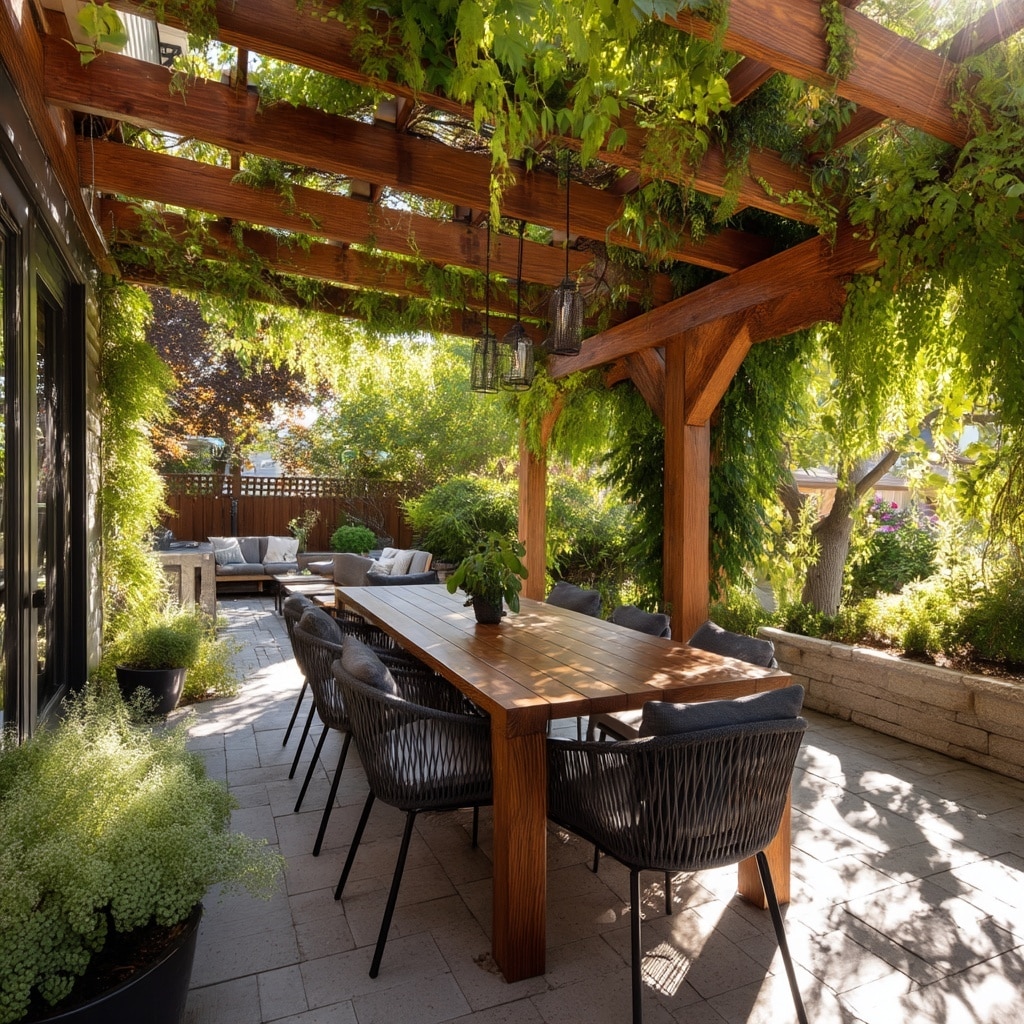 20 Affordable Large Backyard Layout Ideas 9 . Add Shade and Comfort with Pergolas or Umbrellas