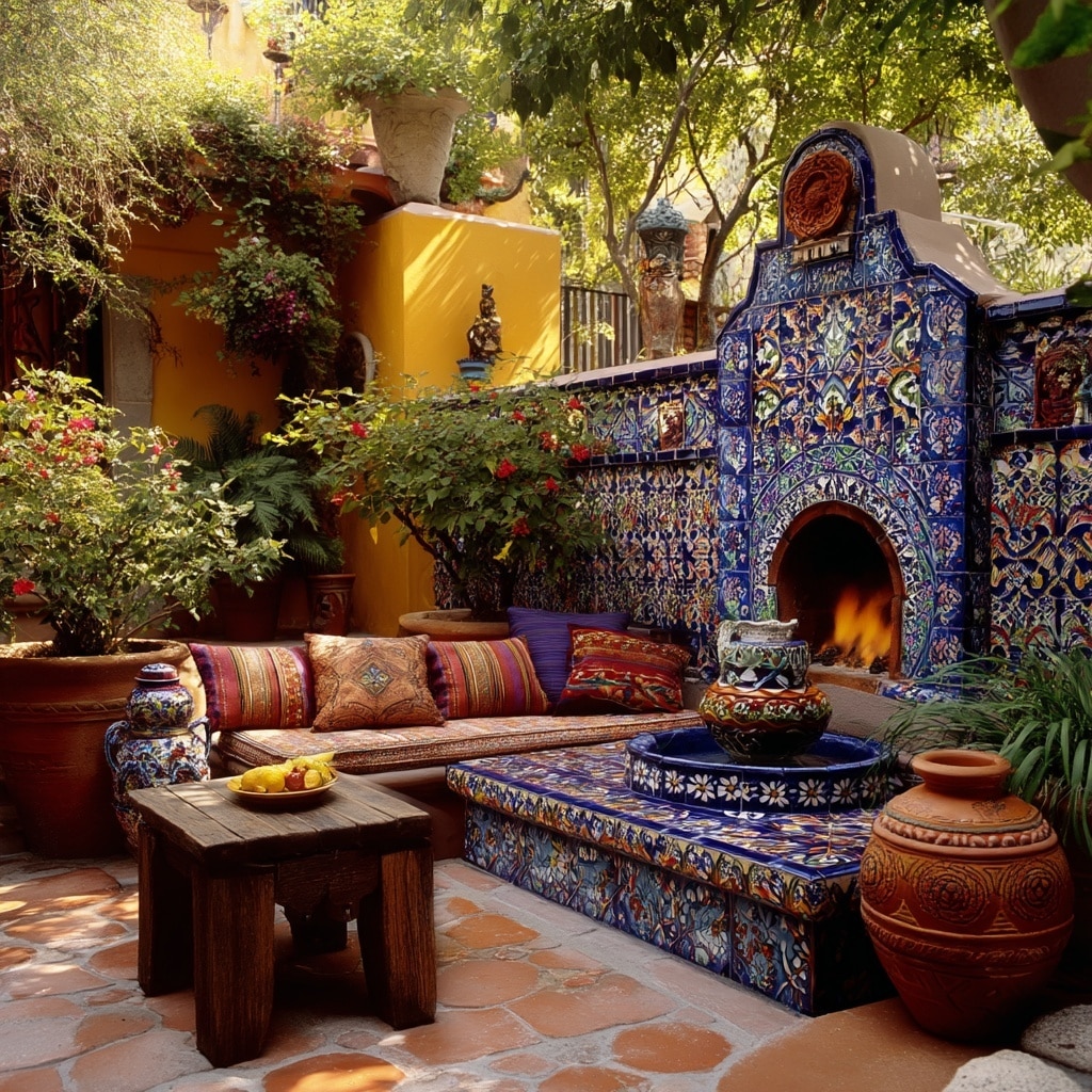 Mexican Patio Ideas for a Warm & Vibrant Outdoor Space 9 Create a Focal Point Fireplace, Fountain, or Feature Wall