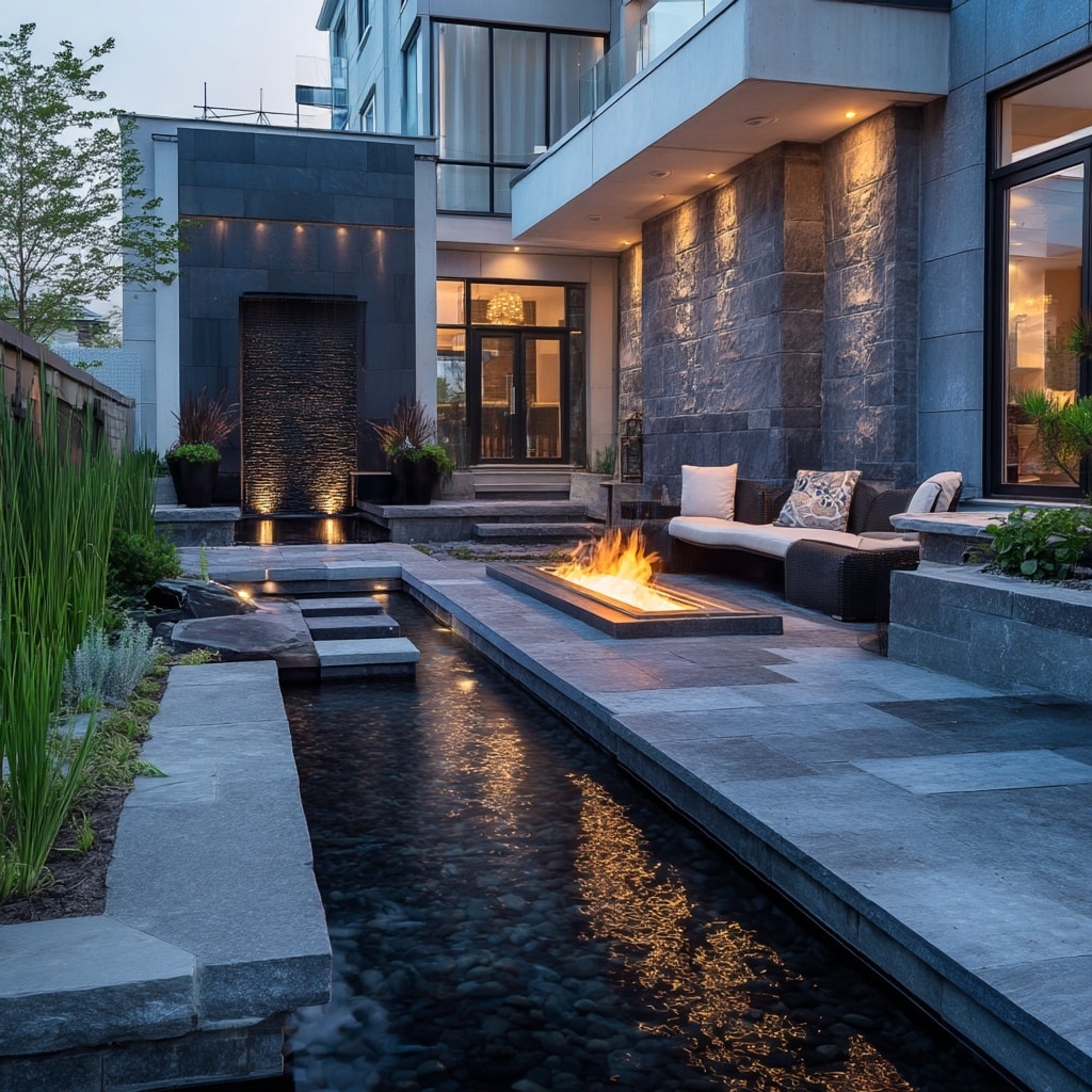 10 Patio Ideas to Transform Your Outdoor Space 11 7. Combine Fire and Water for a Striking Patio Experience