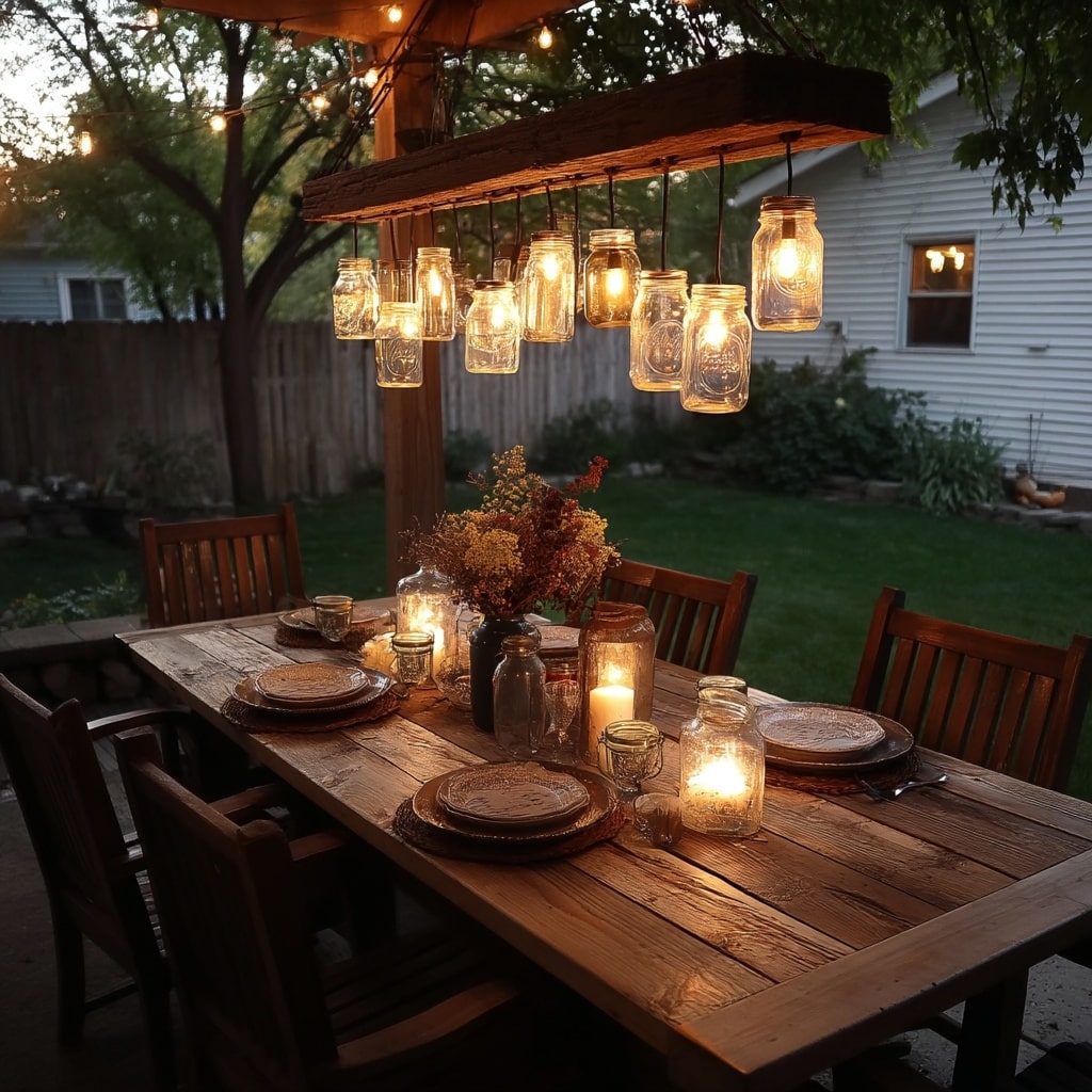 Rustic Garden Chandelier with Mason Jars and Edison Bulbs