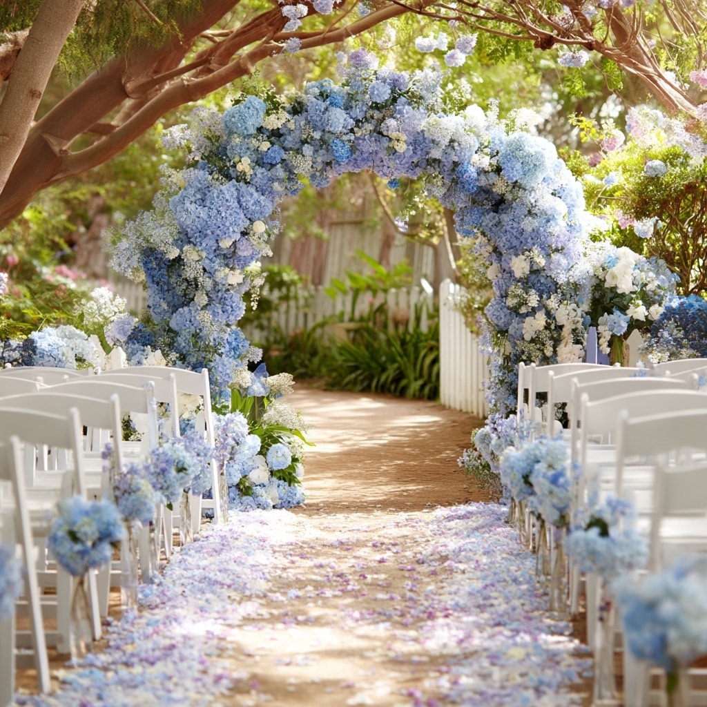 Ceremony Inspiration with Blue Flower Arrangements