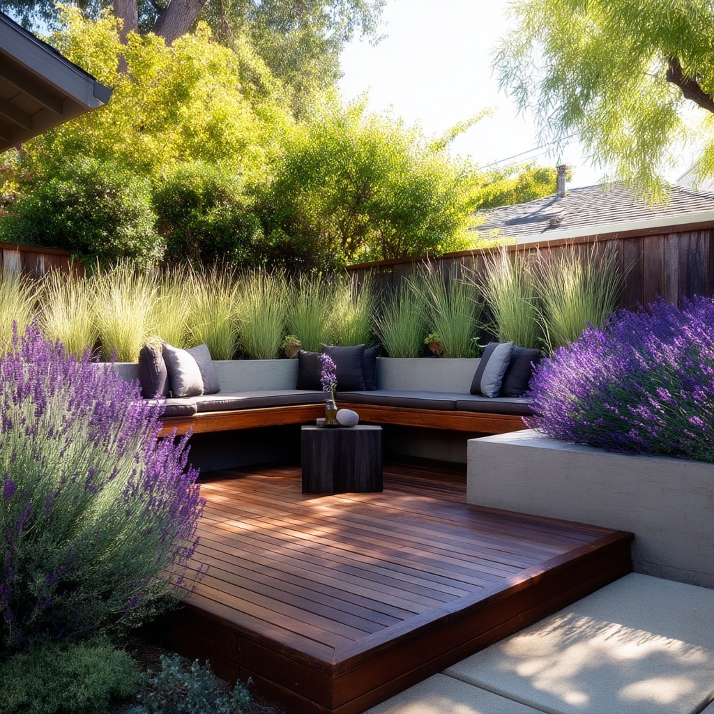 10+ Grassless Backyard Ideas That Are Low Maintenance 3 Low Decking with Hidden Planters