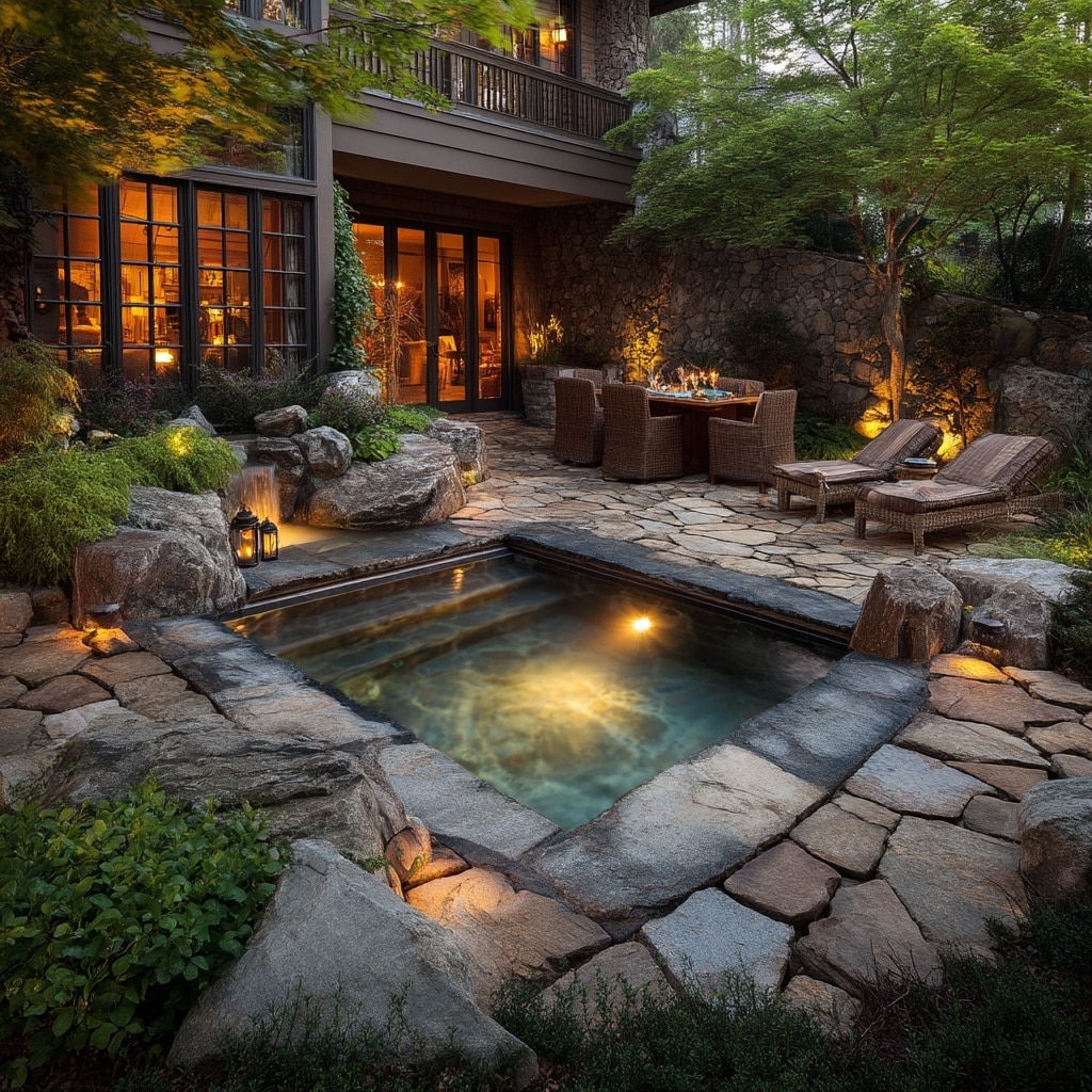 15 Backyard Jacuzzi Ideas for Ultimate Relaxation 3 . Sunken Stone-Surround Jacuzzi