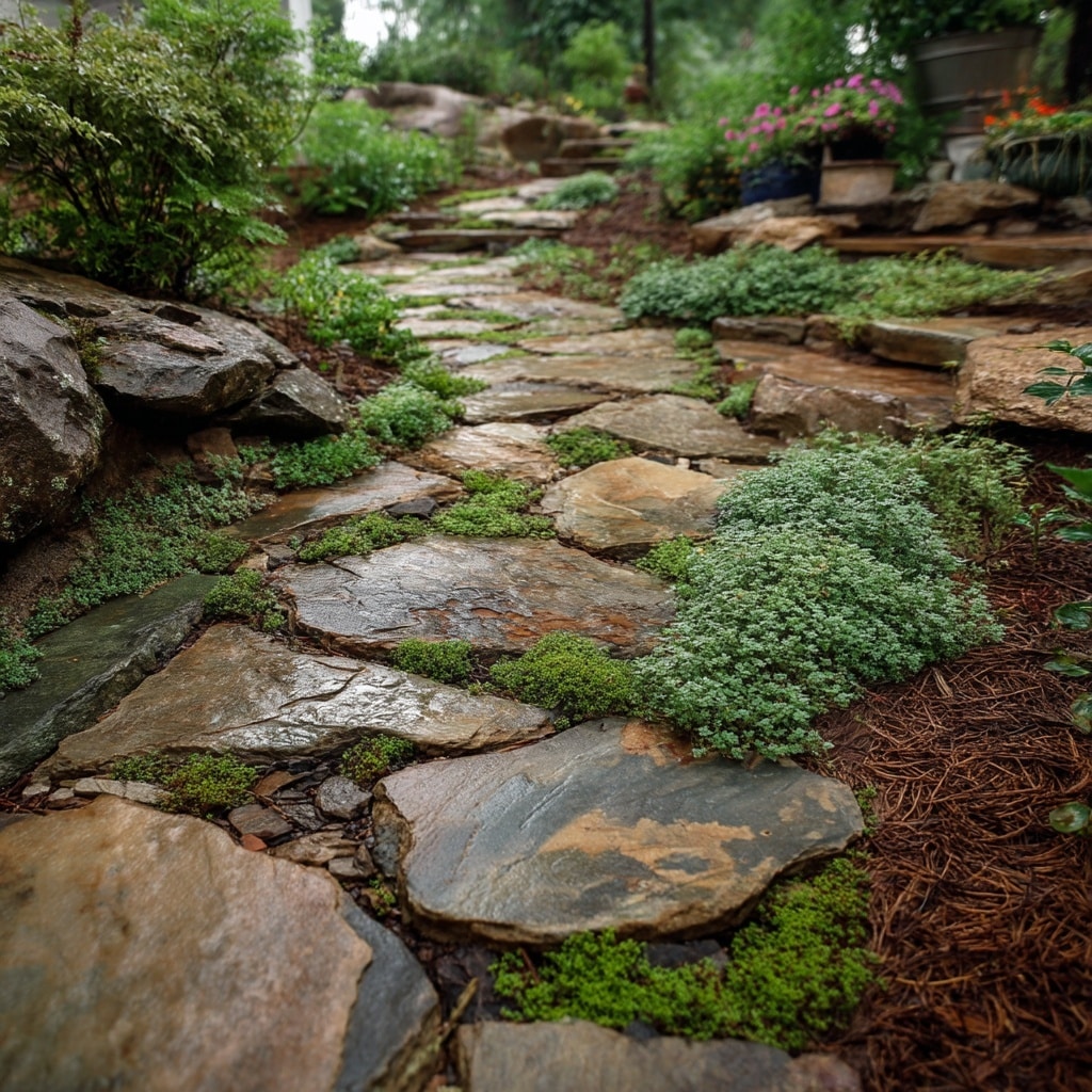 10+ Grassless Backyard Ideas That Are Low Maintenance 4 Stone Pathways with Ground Cover or Mulch