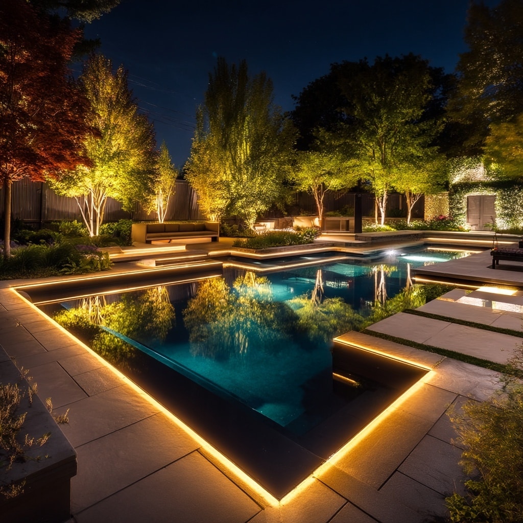 Modern Backyard Pool Landscaping Ideas 4 Use Lighting to Highlight Design Elements