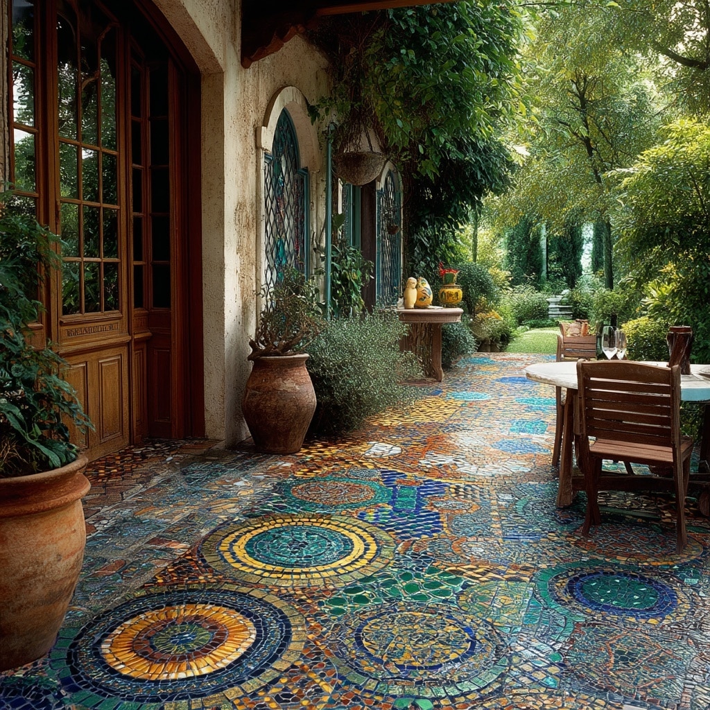 Mediterranean Backyard Ideas for a Stunning Retreat 5 . Vibrant Mosaic Tiles