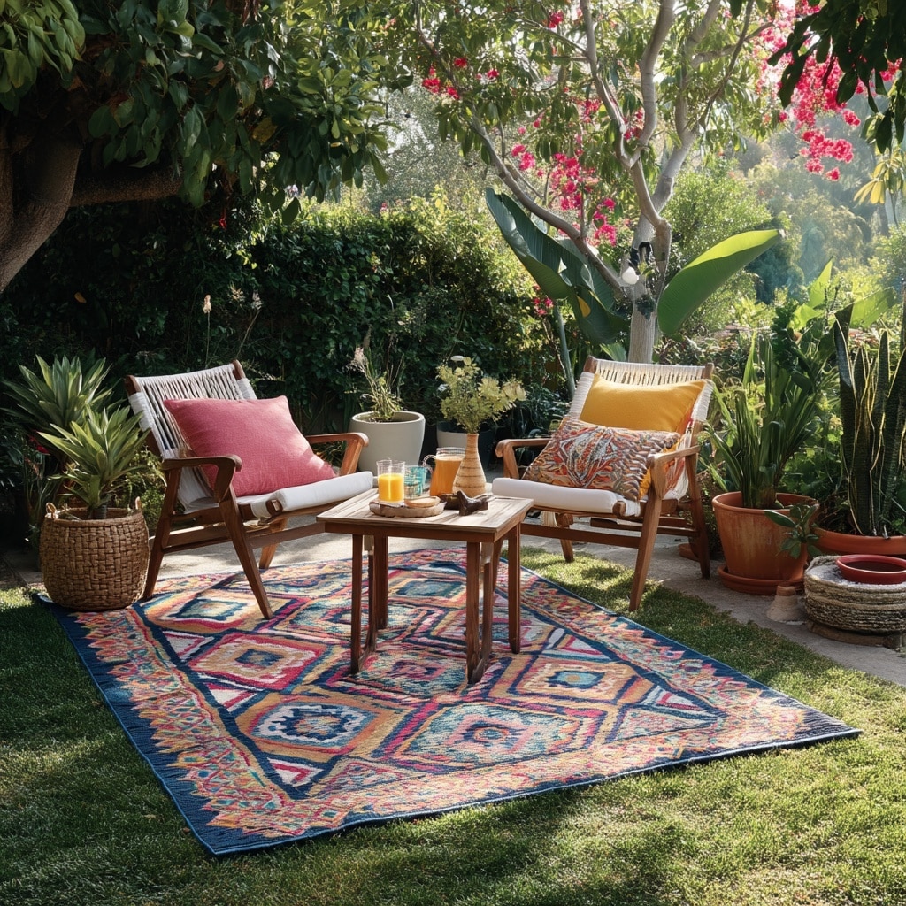 11 Budget-Friendly Backyard Ideas for Small Yards 7 Use Outdoor Rugs to Define Zones