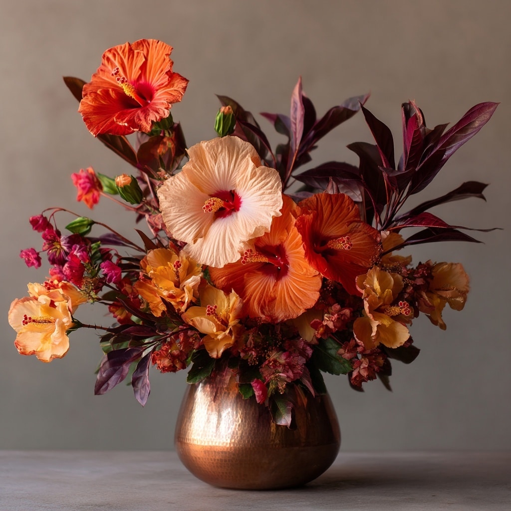 10 Hibiscus Bouquet Ideas to Brighten Any Space 9 . Bold Sunset Hues