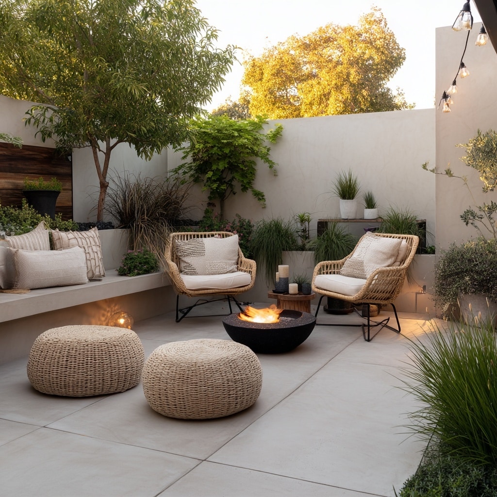 10+ Grassless Backyard Ideas That Are Low Maintenance 7 Poured Concrete Patios with Cozy Styling