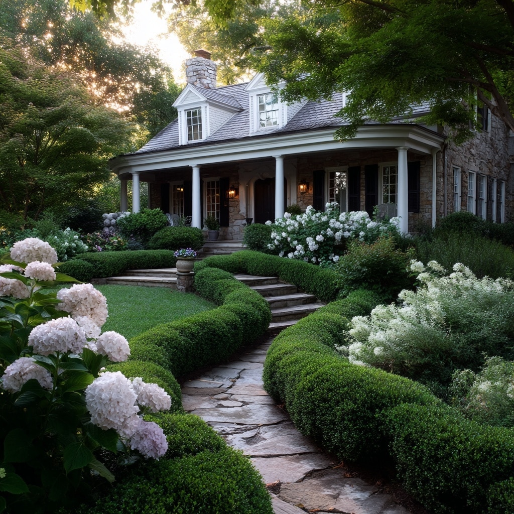 Boxwoods and Hydrangeas Front of House Design Ideas
